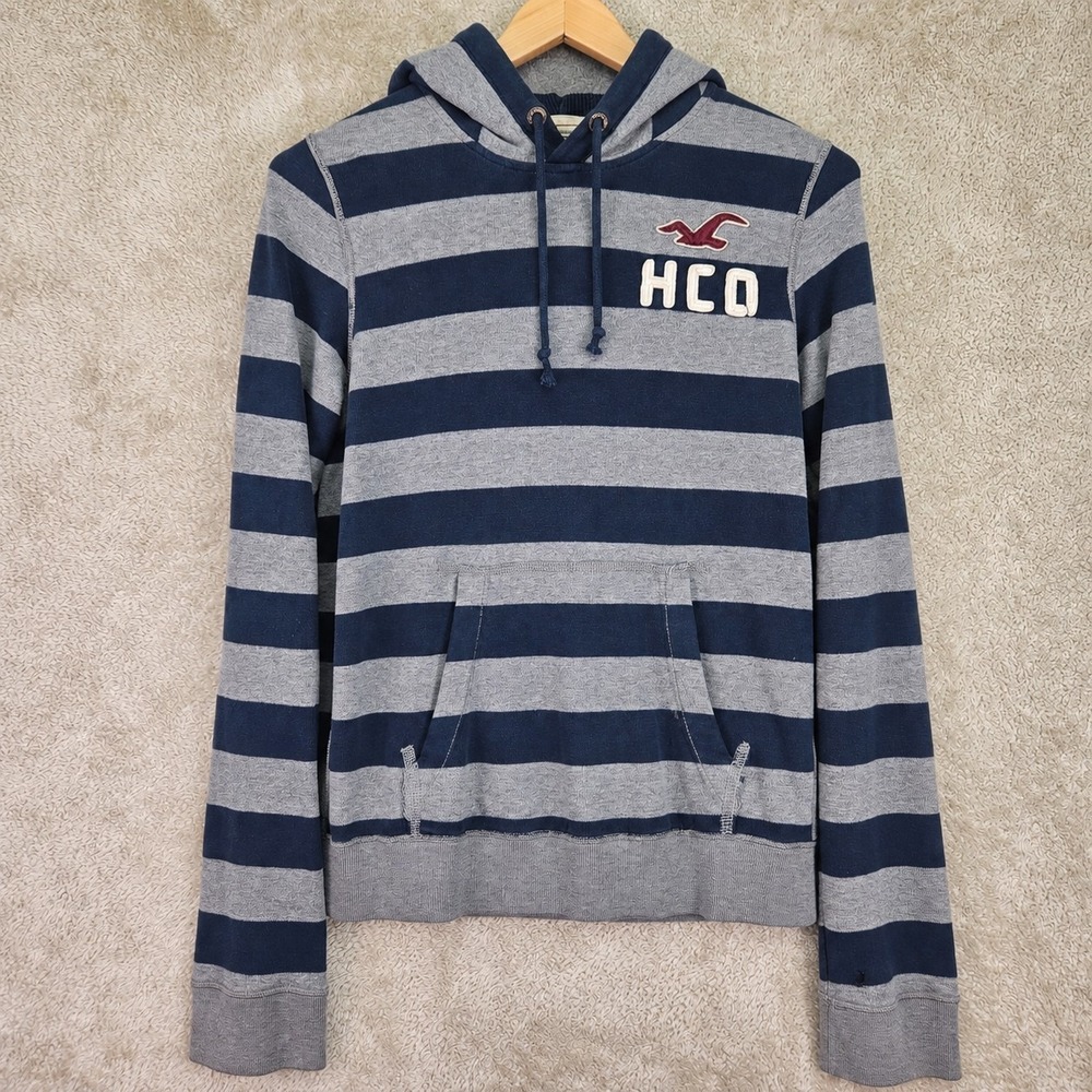 Vintage Y2K Hollister Mens Hoodie Size M Blue Gray Striped Pullover HCO Graphic